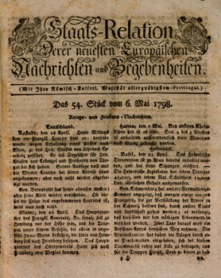 Staats-Relation der neuesten europäischen Nachrichten und Begebenheiten Sonntag 6. Mai 1798