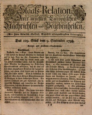 Staats-Relation der neuesten europäischen Nachrichten und Begebenheiten Sonntag 9. September 1798