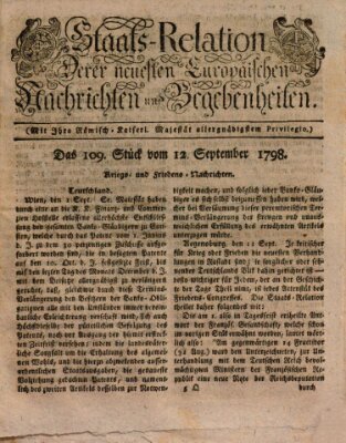 Staats-Relation der neuesten europäischen Nachrichten und Begebenheiten Mittwoch 12. September 1798