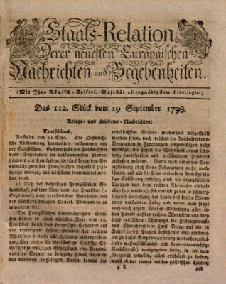 Staats-Relation der neuesten europäischen Nachrichten und Begebenheiten Mittwoch 19. September 1798