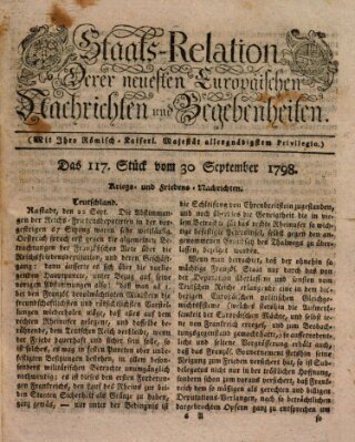 Staats-Relation der neuesten europäischen Nachrichten und Begebenheiten Sonntag 30. September 1798