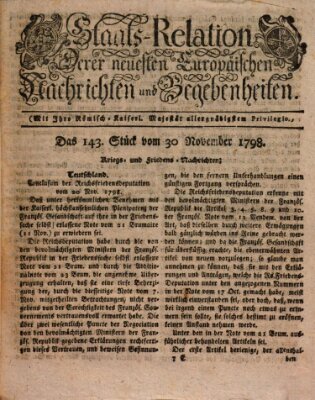 Staats-Relation der neuesten europäischen Nachrichten und Begebenheiten Freitag 30. November 1798