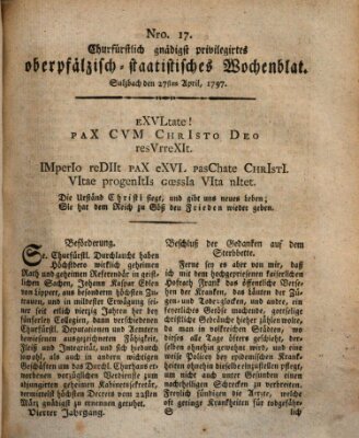 Churfürstlich gnädigst privilegirtes oberpfälzisch-staatistisches Wochenblat (Oberpfälzisches Wochenblat) Donnerstag 27. April 1797