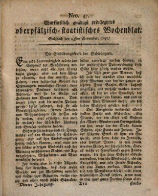 Churfürstlich gnädigst privilegirtes oberpfälzisch-staatistisches Wochenblat (Oberpfälzisches Wochenblat) Donnerstag 23. November 1797