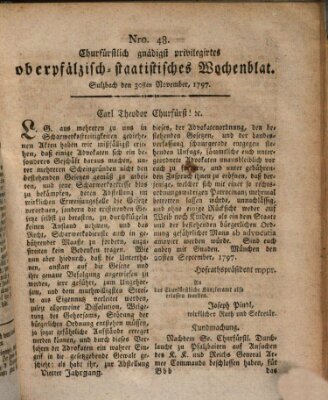 Churfürstlich gnädigst privilegirtes oberpfälzisch-staatistisches Wochenblat (Oberpfälzisches Wochenblat) Donnerstag 30. November 1797