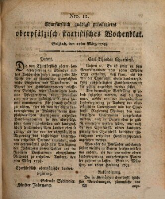 Churfürstlich gnädigst privilegirtes oberpfälzisch-staatistisches Wochenblat (Oberpfälzisches Wochenblat) Donnerstag 22. März 1798