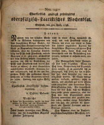 Churfürstlich gnädigst privilegirtes oberpfälzisch-staatistisches Wochenblat (Oberpfälzisches Wochenblat) Donnerstag 5. April 1798