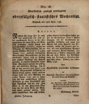 Churfürstlich gnädigst privilegirtes oberpfälzisch-staatistisches Wochenblat (Oberpfälzisches Wochenblat) Donnerstag 19. April 1798