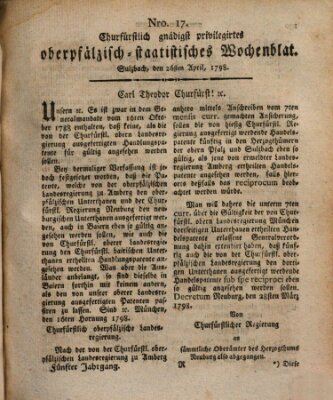 Churfürstlich gnädigst privilegirtes oberpfälzisch-staatistisches Wochenblat (Oberpfälzisches Wochenblat) Donnerstag 26. April 1798