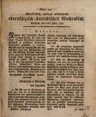 Churfürstlich gnädigst privilegirtes oberpfälzisch-staatistisches Wochenblat (Oberpfälzisches Wochenblat) Donnerstag 21. Juni 1798