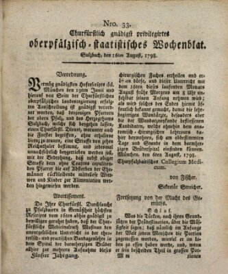 Churfürstlich gnädigst privilegirtes oberpfälzisch-staatistisches Wochenblat (Oberpfälzisches Wochenblat) Donnerstag 16. August 1798