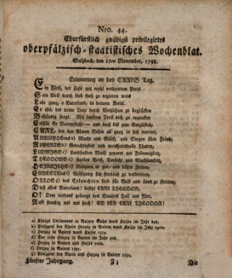 Churfürstlich gnädigst privilegirtes oberpfälzisch-staatistisches Wochenblat (Oberpfälzisches Wochenblat) Donnerstag 1. November 1798