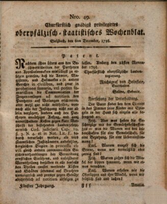 Churfürstlich gnädigst privilegirtes oberpfälzisch-staatistisches Wochenblat (Oberpfälzisches Wochenblat) Donnerstag 6. Dezember 1798