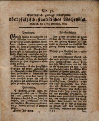 Churfürstlich gnädigst privilegirtes oberpfälzisch-staatistisches Wochenblat (Oberpfälzisches Wochenblat) Donnerstag 27. Dezember 1798