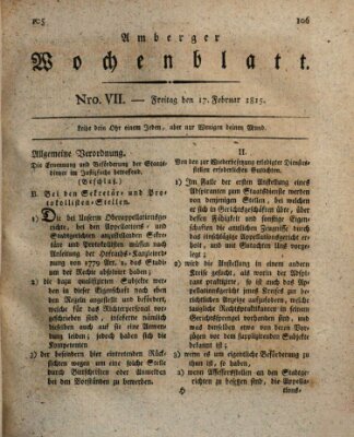 Amberger Wochenblatt (Oberpfälzisches Wochenblat) Freitag 17. Februar 1815