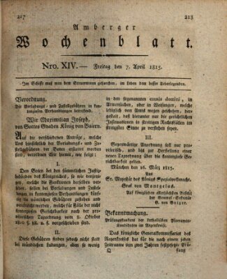 Amberger Wochenblatt (Oberpfälzisches Wochenblat) Freitag 7. April 1815