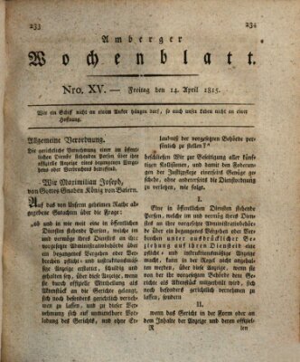 Amberger Wochenblatt (Oberpfälzisches Wochenblat) Freitag 14. April 1815