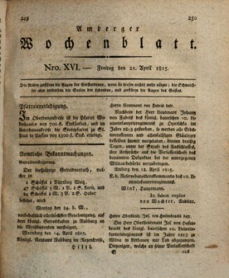 Amberger Wochenblatt (Oberpfälzisches Wochenblat) Freitag 21. April 1815