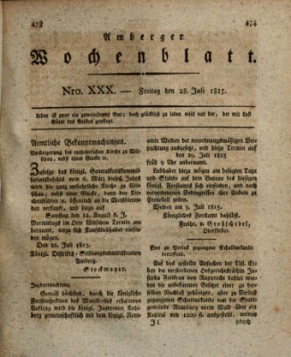 Amberger Wochenblatt (Oberpfälzisches Wochenblat) Freitag 28. Juli 1815