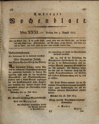 Amberger Wochenblatt (Oberpfälzisches Wochenblat) Freitag 4. August 1815