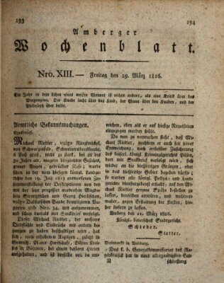 Amberger Wochenblatt (Oberpfälzisches Wochenblat) Freitag 29. März 1816