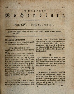 Amberger Wochenblatt (Oberpfälzisches Wochenblat) Freitag 5. April 1816