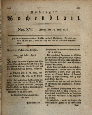 Amberger Wochenblatt (Oberpfälzisches Wochenblat) Freitag 19. April 1816