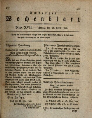 Amberger Wochenblatt (Oberpfälzisches Wochenblat) Freitag 26. April 1816