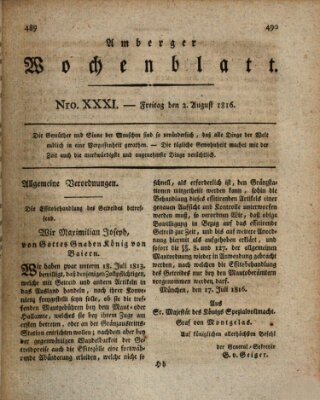 Amberger Wochenblatt (Oberpfälzisches Wochenblat) Freitag 2. August 1816