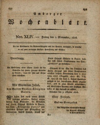 Amberger Wochenblatt (Oberpfälzisches Wochenblat) Freitag 1. November 1816