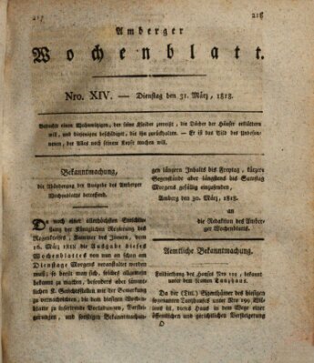 Amberger Wochenblatt (Oberpfälzisches Wochenblat) Dienstag 31. März 1818