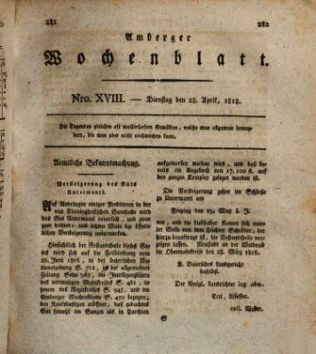 Amberger Wochenblatt (Oberpfälzisches Wochenblat) Dienstag 28. April 1818