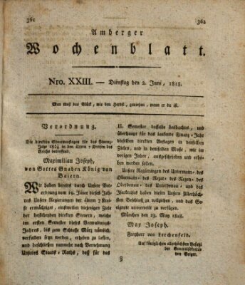 Amberger Wochenblatt (Oberpfälzisches Wochenblat) Dienstag 2. Juni 1818