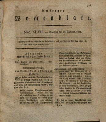 Amberger Wochenblatt (Oberpfälzisches Wochenblat) Dienstag 17. November 1818