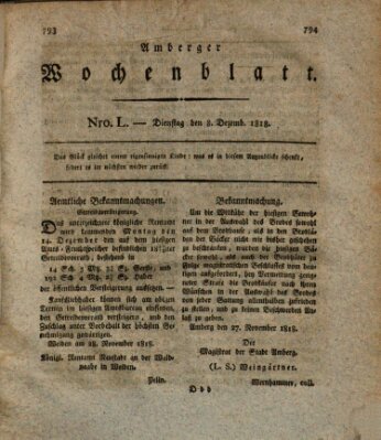 Amberger Wochenblatt (Oberpfälzisches Wochenblat) Dienstag 8. Dezember 1818