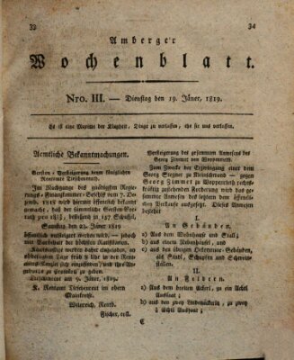 Amberger Wochenblatt (Oberpfälzisches Wochenblat) Dienstag 19. Januar 1819