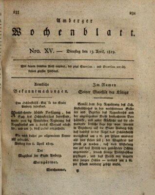 Amberger Wochenblatt (Oberpfälzisches Wochenblat) Dienstag 13. April 1819