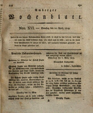 Amberger Wochenblatt (Oberpfälzisches Wochenblat) Dienstag 20. April 1819