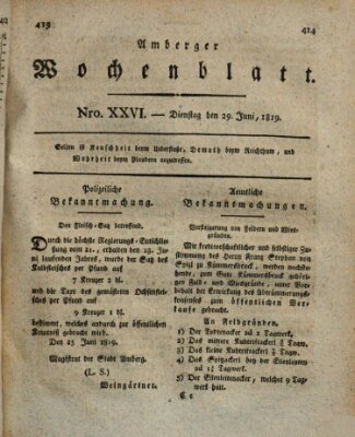 Amberger Wochenblatt (Oberpfälzisches Wochenblat) Dienstag 29. Juni 1819