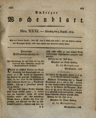 Amberger Wochenblatt (Oberpfälzisches Wochenblat) Dienstag 3. August 1819