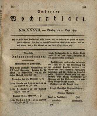 Amberger Wochenblatt (Oberpfälzisches Wochenblat) Dienstag 14. September 1819