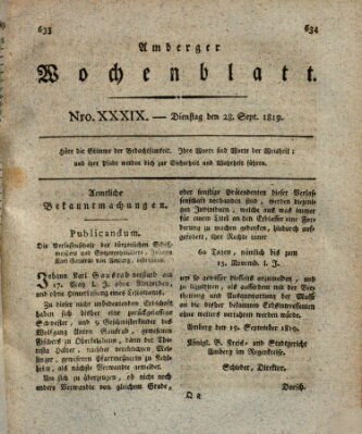 Amberger Wochenblatt (Oberpfälzisches Wochenblat) Dienstag 28. September 1819