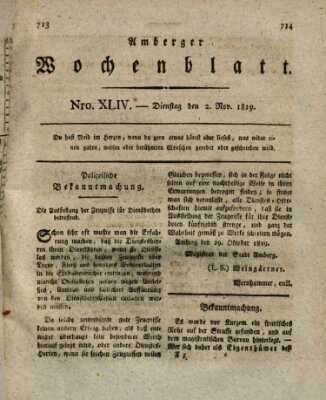 Amberger Wochenblatt (Oberpfälzisches Wochenblat) Dienstag 2. November 1819