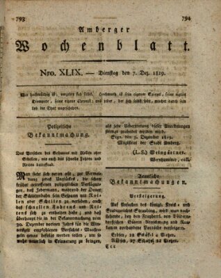 Amberger Wochenblatt (Oberpfälzisches Wochenblat) Dienstag 7. Dezember 1819