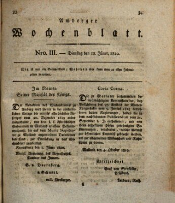 Amberger Wochenblatt (Oberpfälzisches Wochenblat) Dienstag 18. Januar 1820