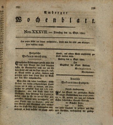 Amberger Wochenblatt (Oberpfälzisches Wochenblat) Dienstag 12. September 1820