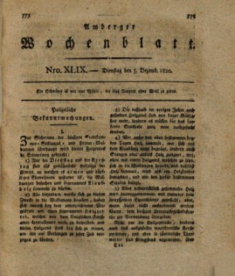 Amberger Wochenblatt (Oberpfälzisches Wochenblat) Dienstag 5. Dezember 1820