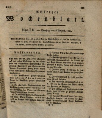 Amberger Wochenblatt (Oberpfälzisches Wochenblat) Dienstag 26. Dezember 1820