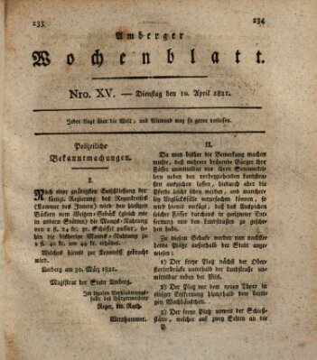 Amberger Wochenblatt (Oberpfälzisches Wochenblat) Dienstag 10. April 1821