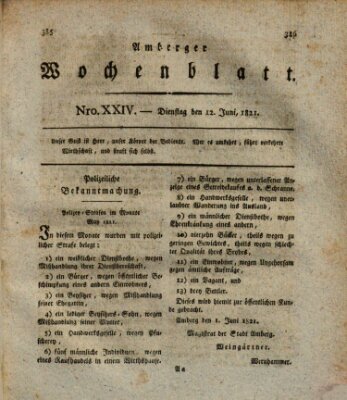 Amberger Wochenblatt (Oberpfälzisches Wochenblat) Dienstag 12. Juni 1821